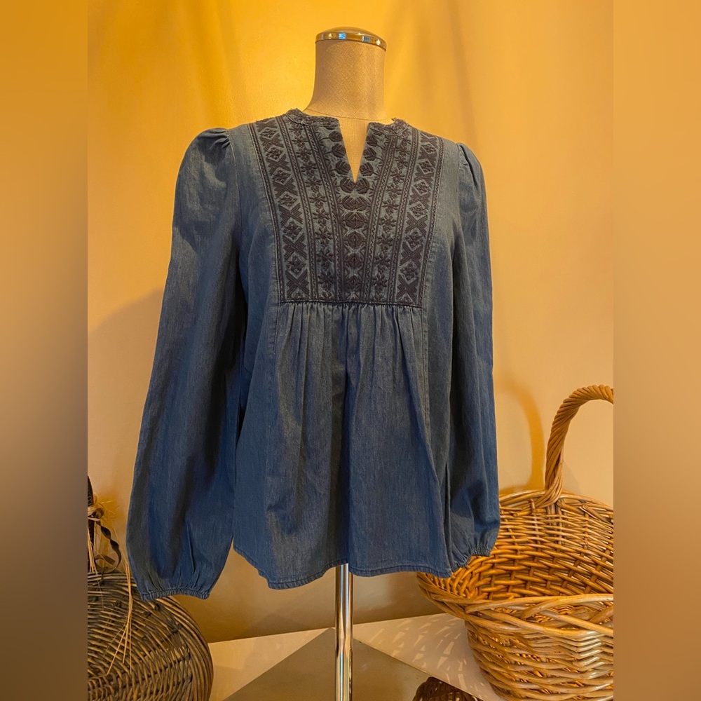 Falls Creek denim Navy Embroidered Blouse